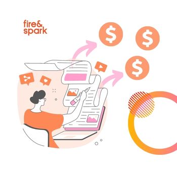 representation of content marketing driving sales: an illustration of a content marketer writing behind a computer screen with dollar signs exiting the screen in the top right corner