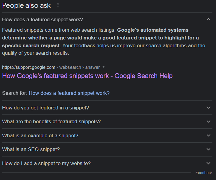 People Also Ask box showing six questions, alongside "what are the benefits of featured snippets"