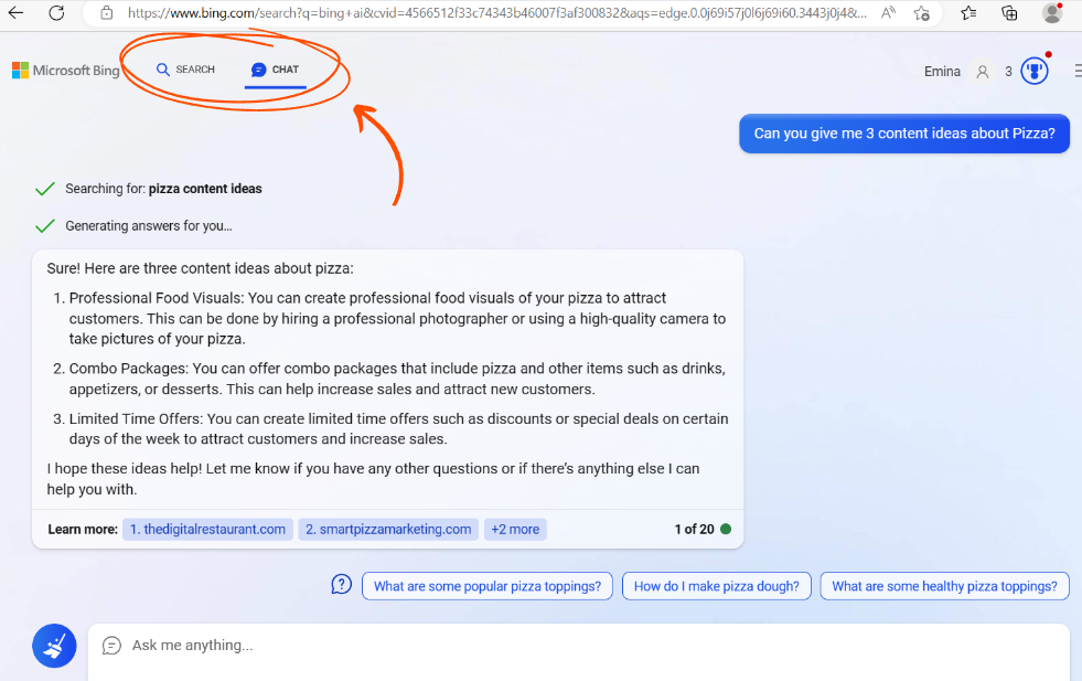 Bing chat window preview - with a toggle function between internet and AI search circled in the upper left corner.