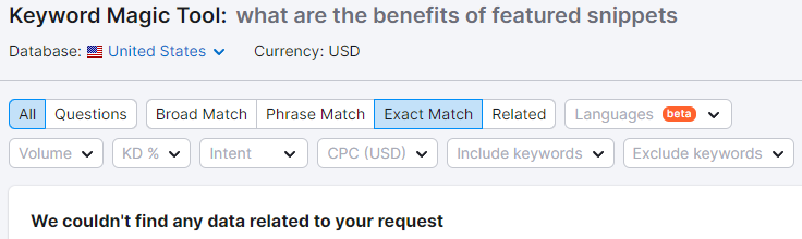 SEMrush showing no keyword data for "what are the benefits of featured snippets"