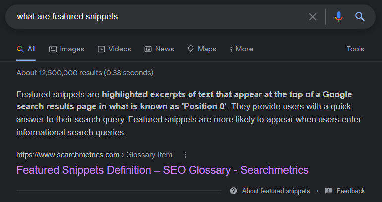 Featured snippet answer for the question "What are featured snippets?" on Google.