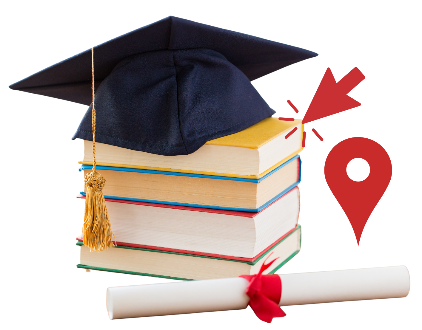 illustration of seo for higher education: a cap on top of books with a mouse cursor clicking on it, a location tag on the right, and a rolled-up certificate/diploma with a red ribbon in the forefront