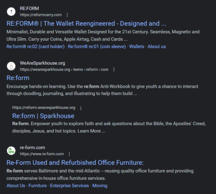 SERP results for "re-form" with a hyphen