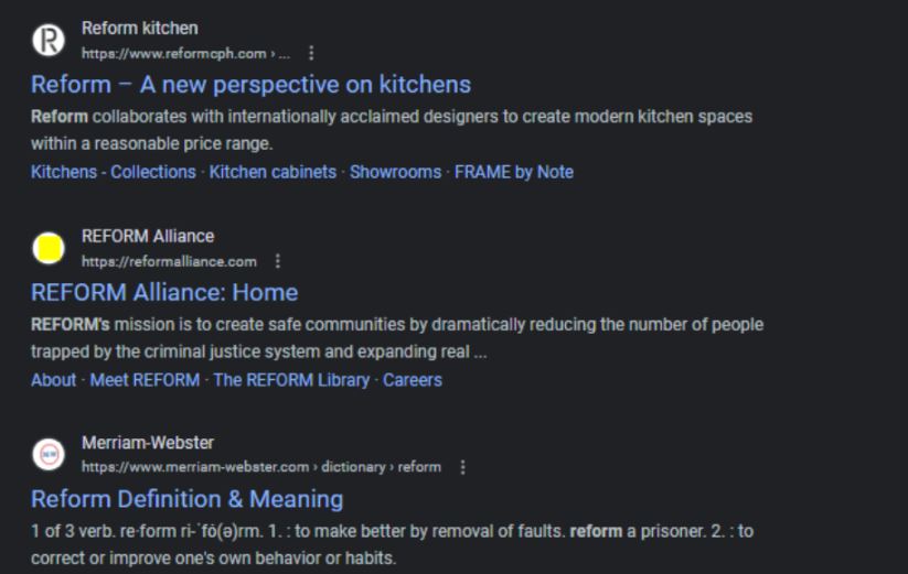 the SERP results for "reform"
