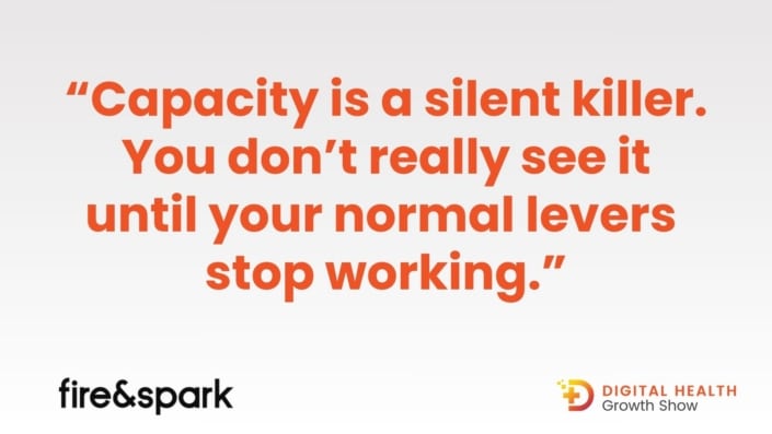 Graphic quote: “Capacity is a silent killer. You don’t really see it until your normal levers stop working.” Digital Health Growth Show.