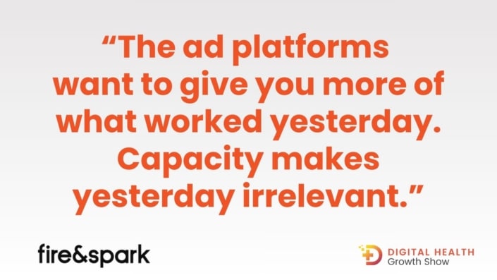 Graphic quote: “The ad platforms want to give you more of what worked yesterday. Capacity makes yesterday irrelevant.” Digital Health Growth Show.